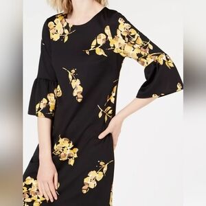 Scuba Bell-Sleeve Dress, Black w/ Bud floral print in Gold/Yellow, Size 2P, NWT